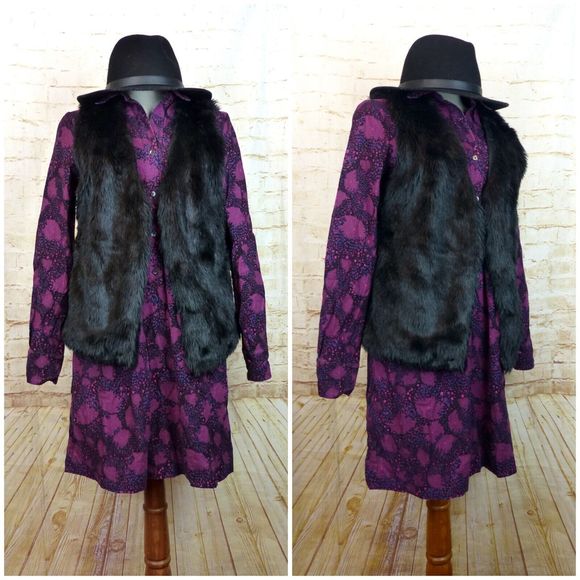 Papaya Faux Fur Vest Juniors L Black Front Hooks V-Neck Boho Rock Chic Mod Punk - Picture 4 of 12